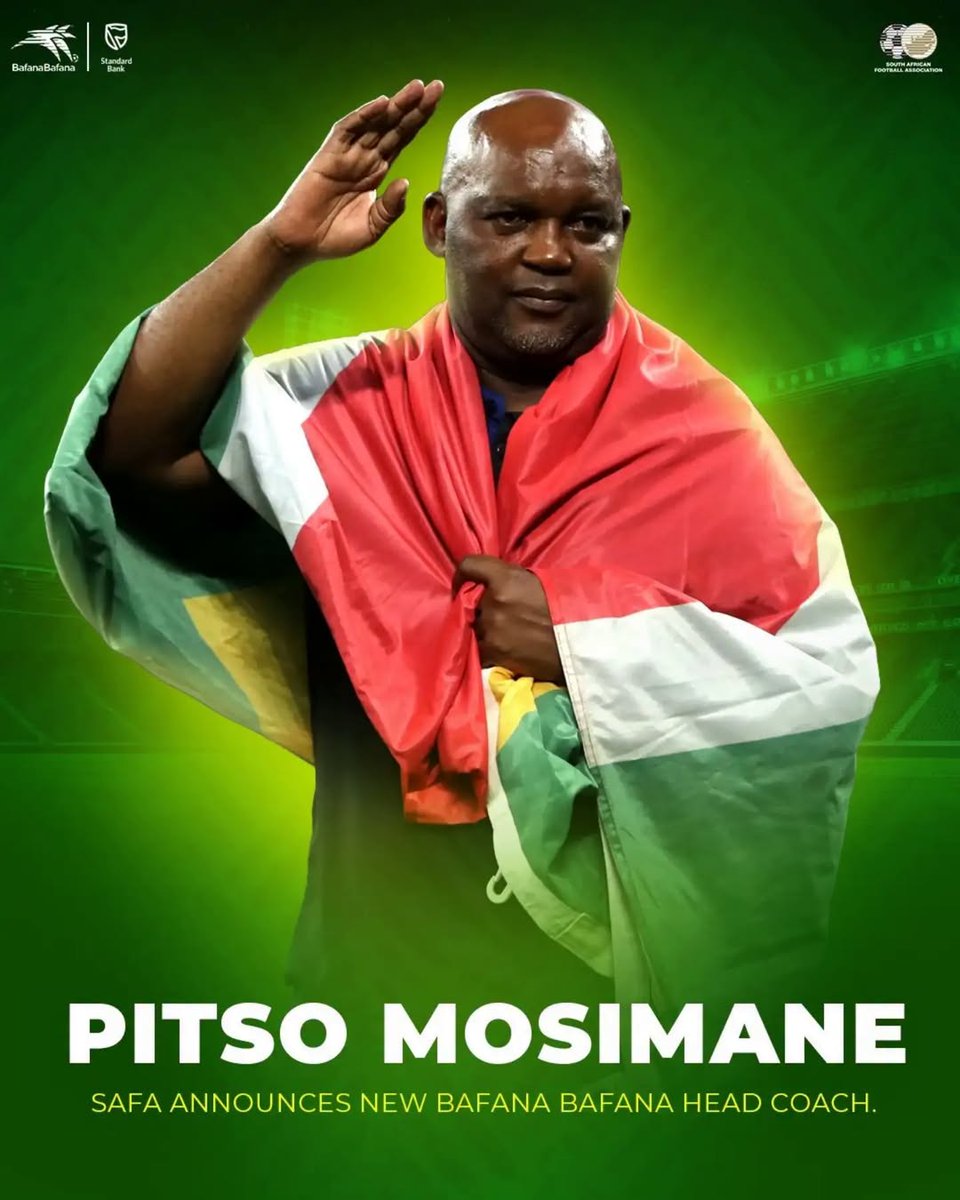 GovernmentZA's tweet photo. South Africa welcomes Pitso Mosimane back at the helm as the new head coach of Bafana Bafana. 🇿🇦

With experience, passion and a proven track record, Coach Mosimane takes charge as the nation looks ahead to another exciting chapter in South African football.

Welcome back, Jingles! Let’s get behind Bafana Bafana as they continue to fly the flag high! 

#BafanaBafana #PitsoMosimane #OneNationOneTeam #GovZAUpdates