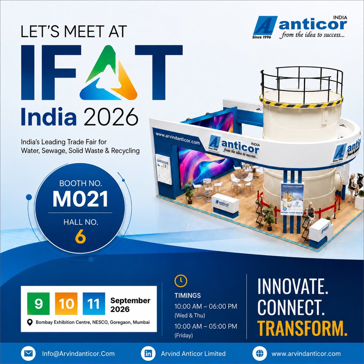 Arvind_Anticor's tweet photo. Only 8 days until IFAT India 2026! 🚀

Meet Arvind Anticor at Booth M021, Hall 6 and explore our reliable, innovative industrial water &amp; chemical storage solutions for diverse applications.

📅 9–11 Sept 2026

📍 Bombay Exhibition Centre, Mumbai

#IFATIndia2026 #ArvindAnticor https://t.co/jj9ucSAm92