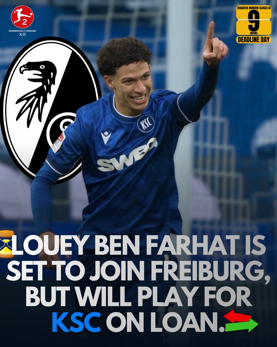 Bundesliga2_EN's tweet photo. 🔄 Louey Ben #Farhat is set to join SC Freiburg.

💰 Transfer fee: €7–7.5 million plus €2.5 million in bonuses.

🤝 The 20 y/o will remain on loan at KSC for this season.

🗞️ @Plettigoal 

#Bundesliga2 #KSC #DeadlineDay https://t.co/jp5KUr9aWO
