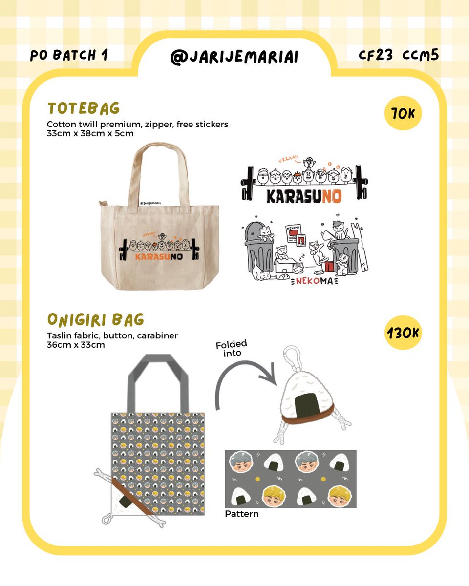 jarijemariai's tweet photo. 💛RTs/likes are appreciated💛

My catalogue for PO #COCOMA5 #CF23 is finally here!
Available for pickup ots &amp; mail order.

🗓 PO period: 1-13 September 2026
🔗 form: https://t.co/fLUacmvq1V

Hq, Naruto, Original merch

#comifuro23 #CF23catalogue https://t.co/7OMaVoZN2c