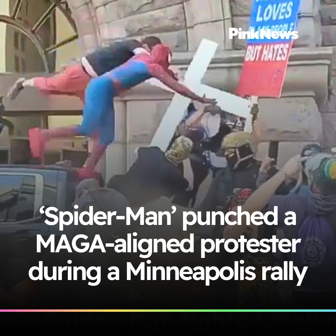 PinkNews's tweet photo. ‘Spider-Man' punches MAGA-aligned protestor at Minneapolis rally ➡️ https://t.co/BMnRyh2Nh5 https://t.co/x01eQAhElG