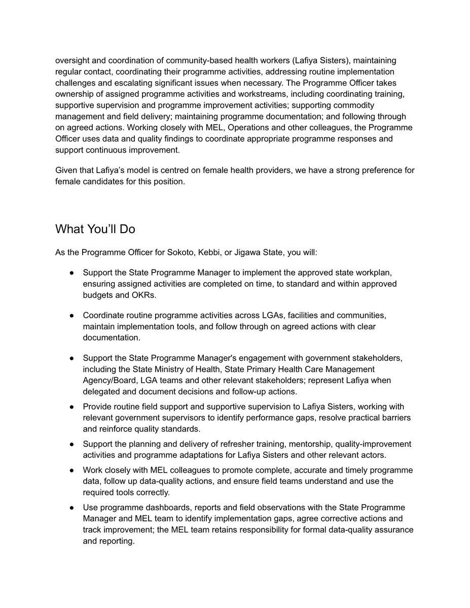 MalcolmAlkalee's tweet photo. NGO JOB

Position: State Programme Officer

Location: Sokoto, Kebbi, or Jigawa
Reports to: State Programme Manager

Type: Full-time, 12‑month renewable (subject to funding & performance)

Compensation: ₦1,000,000 – ₦1,150,000 gross per month, plus benefits

Apply here: https://t.co/CiEUkX3Woq

Deadline: 23:30 West Africa Time, Sun 20 Sept 2026