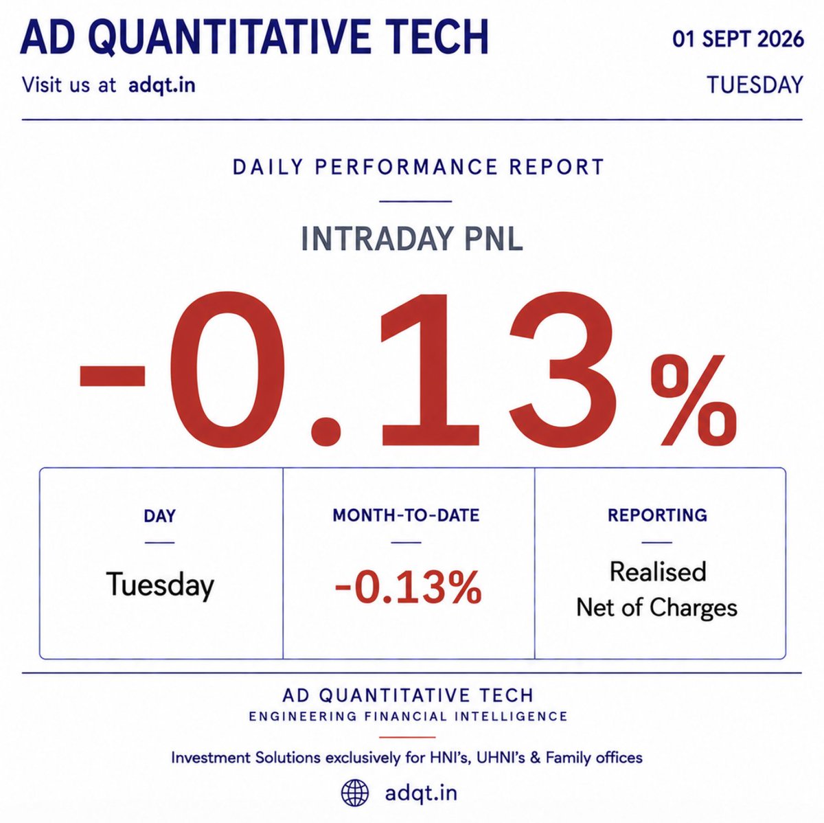 AD_QTECH's tweet photo. Daily Performance Report
Performance for the trading session (01-09-26) is attached below.
#ADQuantitativeTech
Visit us at π https://t.co/ky3ZtkU0TR
