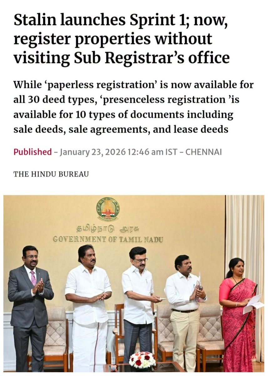 shanmugamchin10's tweet photo. பத்திரப்பதிவு அலுவலகம் போகாமலேயே முதல் முறையாக விற்பனையாகும் Flat/Plot உரிமை மாற்றப்பதிவுகள் செய்யும் வசதி தமிழ்நாட்டில் அறிமுகப்படுத்தப்பட்டு இருக்கிறது.

TCS நிறுவனத்தின் தயாரிப்பான Star 3.0 மென்பொருள் வாயிலாக நடைபெறும் இந்த Paperless Property Transfer வசதியின் Testing Phase திமுக ஆட்சியிலேயே வந்துவிட்டது.

இது தெரியாமல் இது ஏதோ இந்த 100 நாளில் வந்துவிட்ட மாயஜாலம் போல பலர் 🔥 விடுவதை பார்க்க முடிகிறது. 

விவரம் அறிந்த சிலர் வேண்டுமென்றே 🔥 விடுகின்றனர். உங்க வாய் தான் என்றாலும் ஊருக்கே வலிக்குற மாதிரி ஊதாதீங்கடா!!

இதில் திமுகவுக்கான பாடம் என்ன தெரியுமா?

திமுக எதையாவது செய்தால் தன்னுடைய ஆட்சிக்காலத்திலேயே முழுமையாக செய்துவிட வேண்டும். இல்லையேல் செய்யவே கூடாது