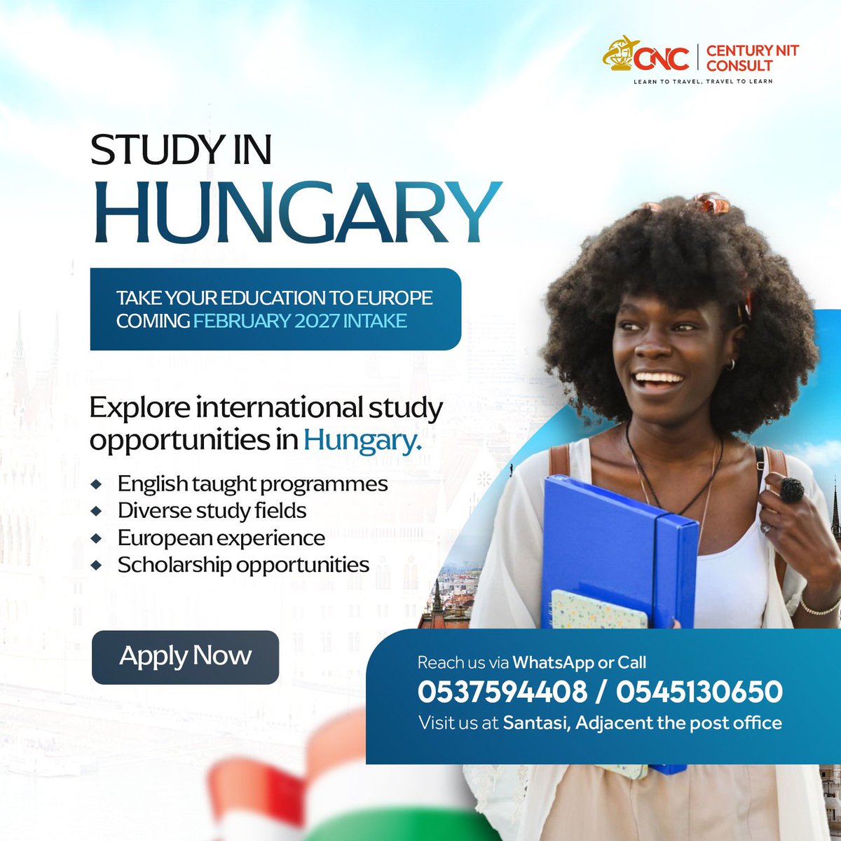 century_nit's tweet photo. Dreaming of studying abroad? Hungary could be your next destination. A new country, a new experience, a brighter future.  

For further enquiries call or WhatsApp 
📲0554717878/0554914101.
  #cnc #travelandstudyabroadwithcnc #yourtraveltostudyabroadpartner #hungary https://t.co/hKXug3C9JD