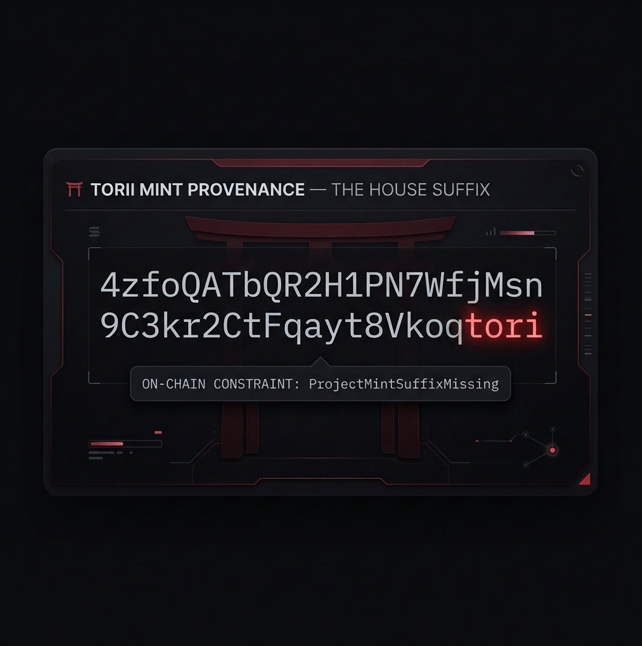 ToriipadSol's tweet photo. Every token launched through Torii. 
Auction or curve, has a mint address whose base58 string ends in tori.

Enforced on-chain (ProjectMintSuffixMissing). If a mint address does not end in tori, the smart contract refuses the launch transaction. https://t.co/qYMihMEt4q