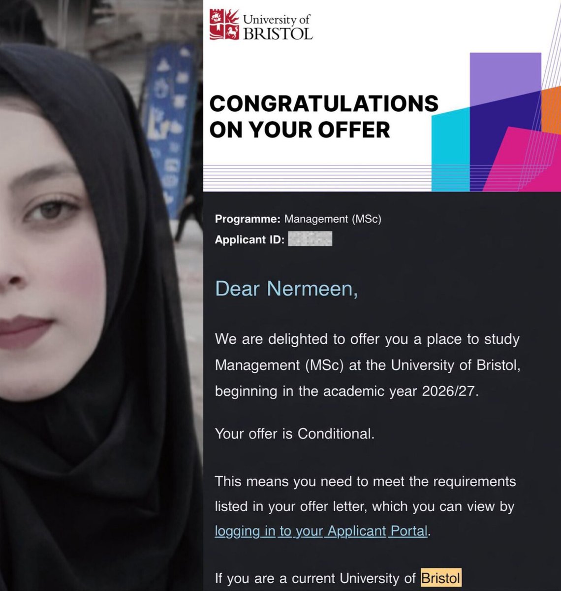 Nermeenalswaisi's tweet photo. Why was I ignored like this?

Why didn’t anyone support me to leave Gaza and continue my studies at the University of Bristol?Time is running out — nothing is left, and it seems I am about to lose this chance forever.I am a miserable soul with no luck, trapped in despair…

But your support could change everything.
Please don’t let my dream die here.

https://t.co/Qu0ifP3S22