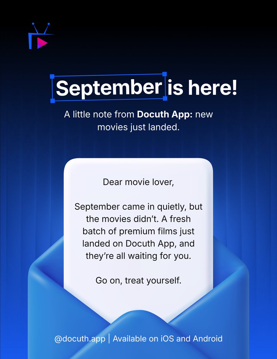 DocuthApp's tweet photo. Happy new month!

New movies just landed on Docuth App. Your September watchlist is about to get a serious upgrade. 

Download Docuth App today to watch premium movies. https://t.co/HiI7Bgi6sE