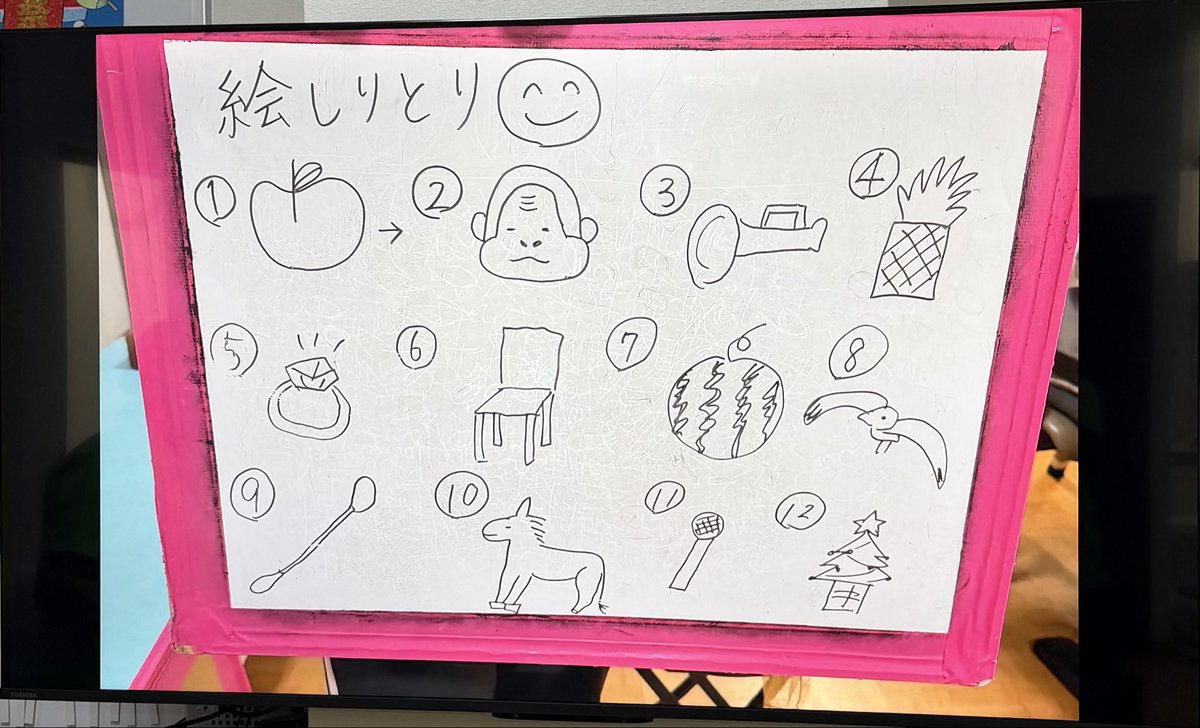 hrnkwi's tweet photo. 【絵しりとり当て✏️】

スタッフが描いた絵を見て、
答えを当ててもらいます。

「何あの絵？」
「答え、それやったんや！」

このゲーム、絵に自信がない人が描くほど
盛り上がるかも🤭

画像を見て、
皆さんも一緒に考えてみてくださいね♪
何個わ���りますか？

答えはリプへ👇 https://t.co/X98YK9eqwi