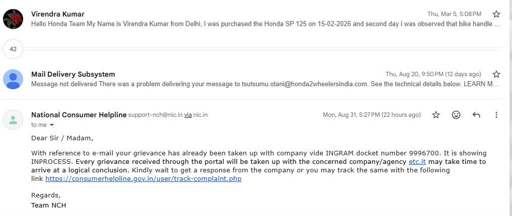 VirendraKoshal's tweet photo. @honda2wheelerin Honda, your repeated assurances and delays have left me with no choice but to escalate. I have officially filed a complaint with the National Consumer Helpline (NCH). INGRAM Docket No. 9996700 — IN PROCESS. Now NCH will seek an answer from Honda. https://t.co/ngN0jQ6QQX