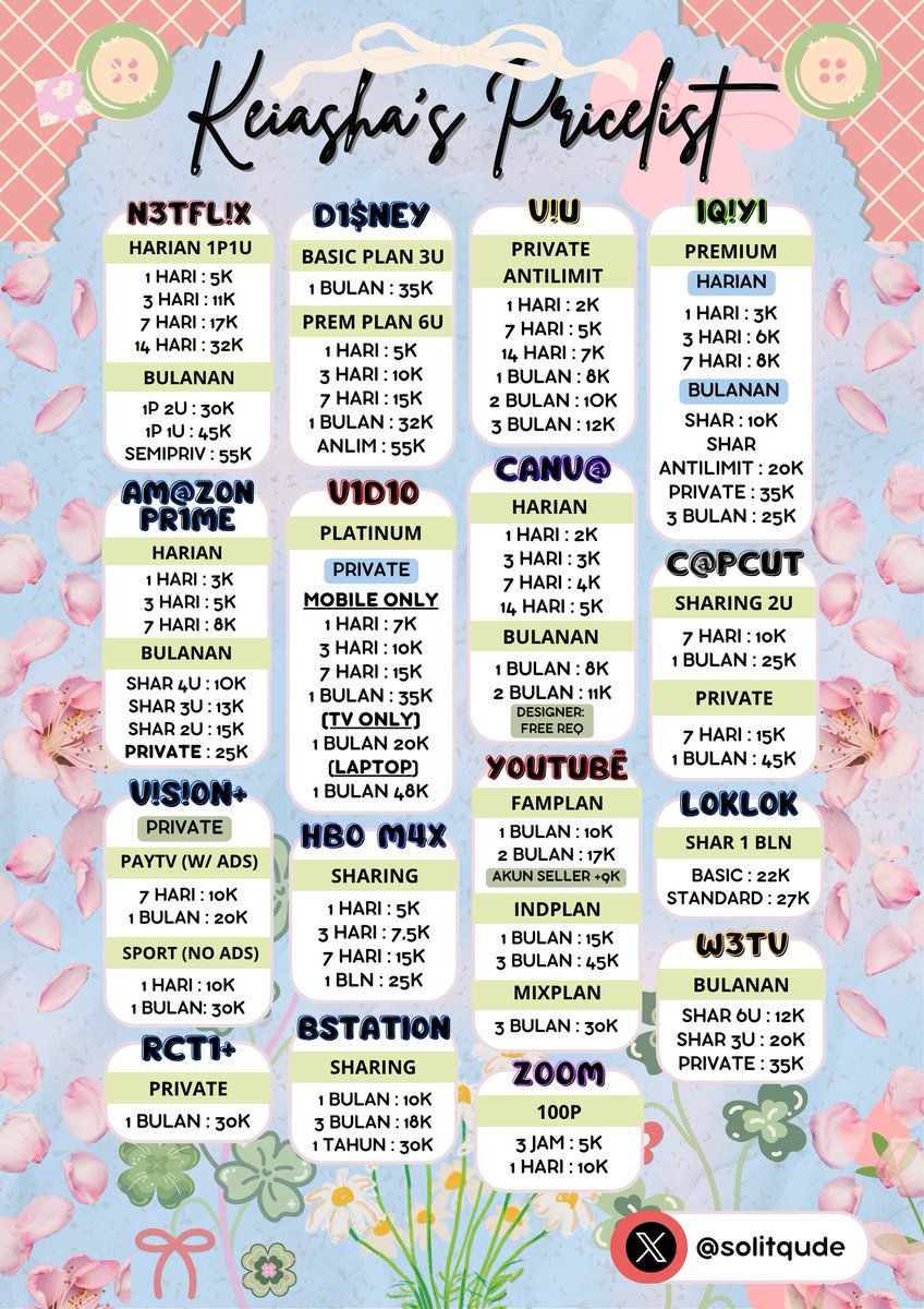 marvellts's tweet photo. sore all! aku open jajan app premium ready jual langganan murah garansi hari minggu bulan 
viu disney netflixx prime iqiyi vision rcti capcut canva pro loklok amazon wetv meitu youku hbo max zoom

💌https://t.co/ZSISRowy8N

 t. masuk #zonauang messi sept aplikasi sewa vidio vip https://t.co/jyMZqzQ9vb