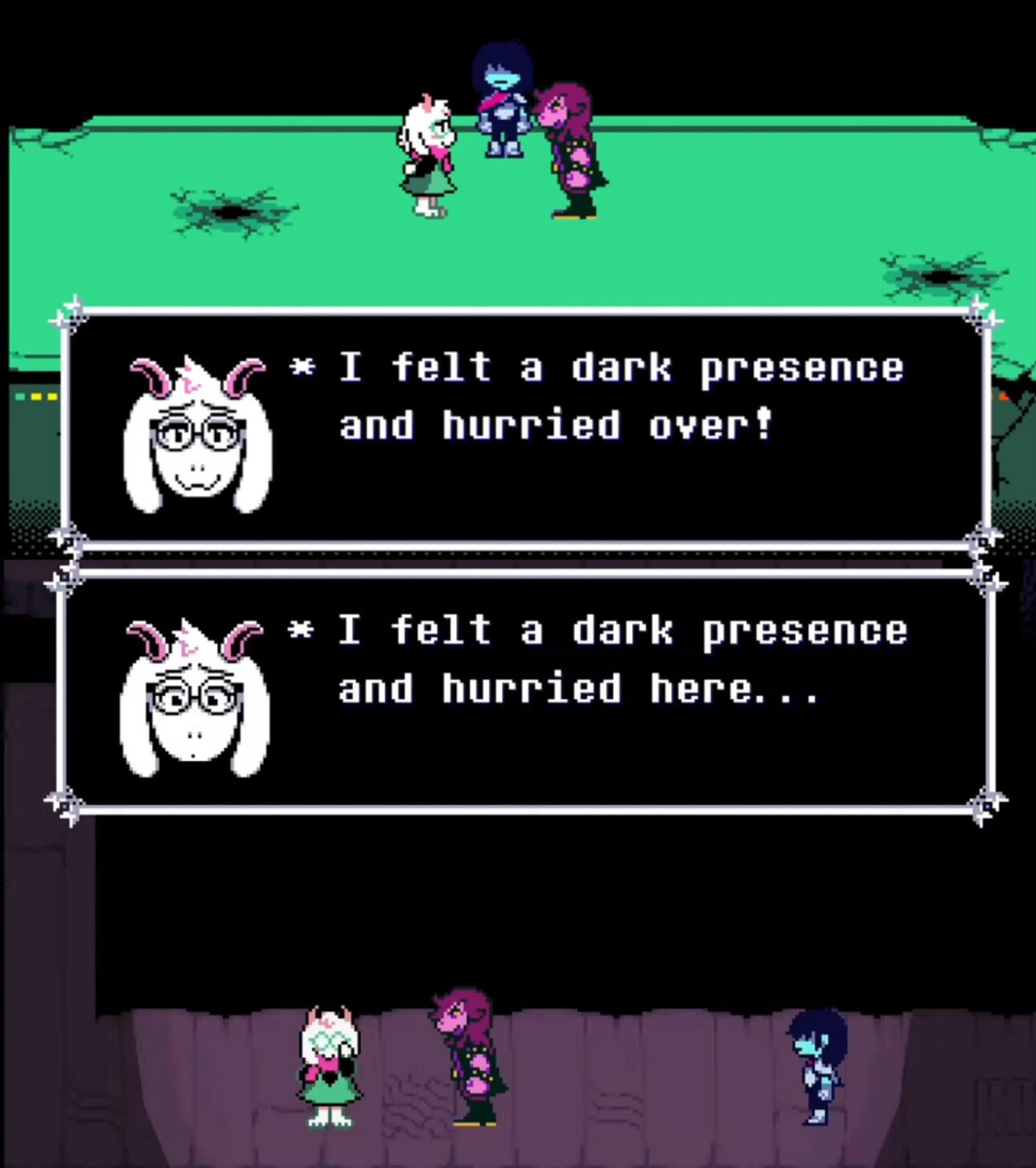 wandydoodles's tweet photo. I like the implication that the Knight is so immersed in the darkness that Ralsei can sense its presence like it's a fountain https://t.co/dbuDixIWzS
