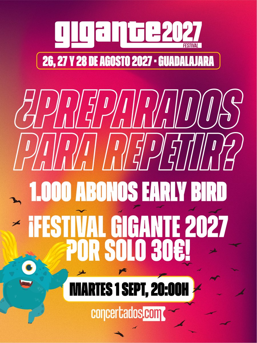 Guadared_info's tweet photo. Festival Gigante 2027 | Abonos a 30 euros en Guadalajara
🎶 El Festival Gigante 2027 ya está en marcha Guadalajara no espera al verano para volver a ser gigante. El festival pone a la venta 1.000 abonos de tres días por solo 30 €, gastos de gestión incluidos. 📅 1 de septiembre ⏰ 20:00 h 🎟️ Solo 1.000 unidades.                                                                                             El cartel de 2027 todavía es un misterio… 👀 pero el precio más bajo ya tiene fecha de salida.                                                                                                                                       👉 ¿Te lo vas a perder? https://t.co/HrRy8e5QCY #FestivalGigante #FestivalGigante2027 #Guadalajara #Música @FestivalGigante #GuadaRed