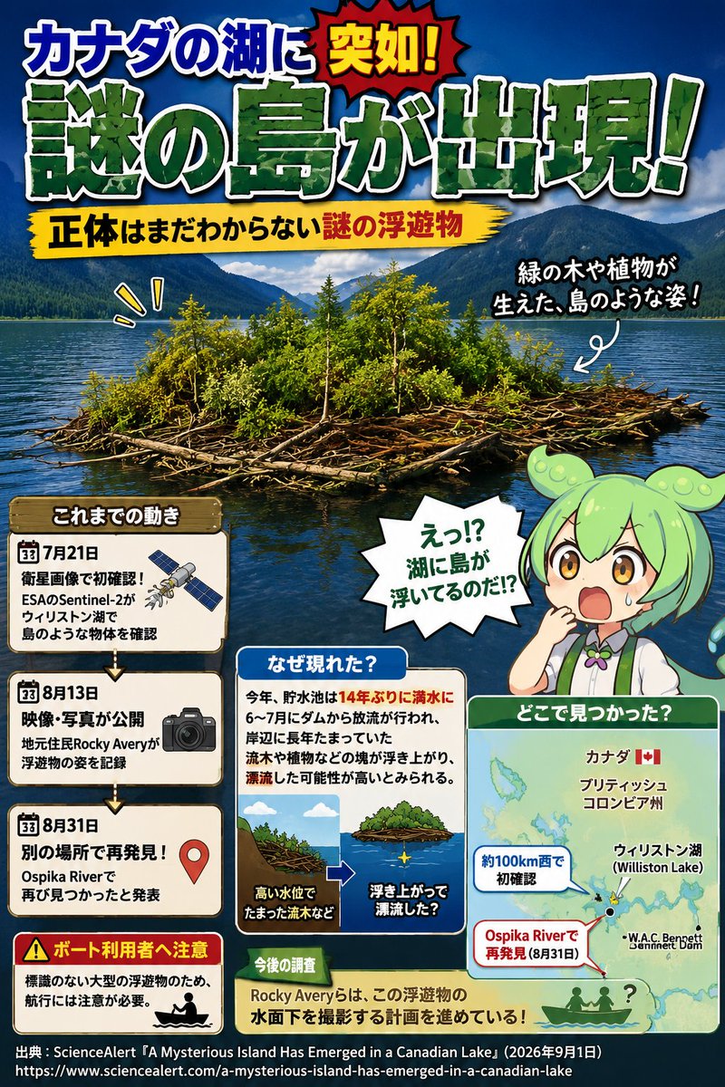zunda_world's tweet photo. カナダの湖に「謎の島」が出現なのだ！

木や植物が生えた島みたいな物体が、ウィリストン湖をぷかぷか移動中。
7月に衛星画像で確認され、8月末には別の場所で再発見されたのだ。

正体はまだ断定されていないけど、満水になった影響で岸辺の流木や植物の塊が浮き上がった可能性があるとのこと。

しかも今後は水面下も調べる予定。
島なのか、巨大な浮遊物なのか、気になりすぎるのだ。

出典：ScienceAlert
https://t.co/V34TA5aIo3