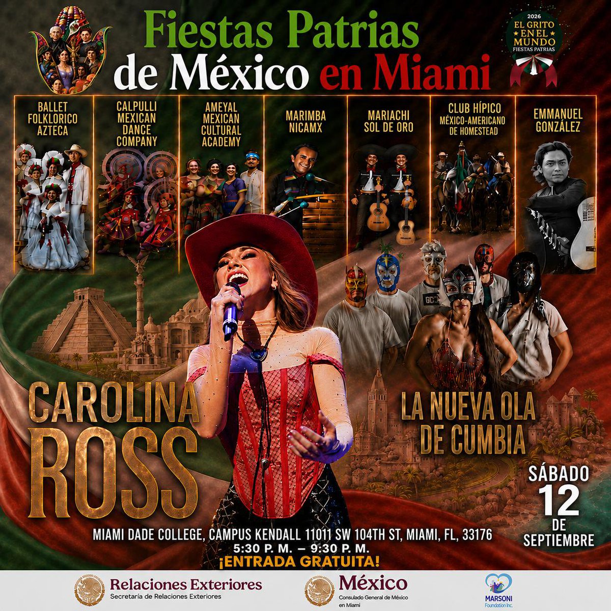 ConsulMexMia's tweet photo. 🇲🇽Bienvenido septiembre de “Fiestas Patrias de México” en el mundo🌎. El @ConsulMexMia te invita a celebrar con un evento gratuito para toda la comunidad. Ven a conocer y vivir la experiencia de las tradiciones y riqueza cultural de nuestro país en el sur de Florida:

🗓️Sábado 12 de septiembre 
📍Miami Dade College campus Kendall - 11011 SW. 104th. St.; Miami, FL. 33176
⏰ 5:30pm-9:30pm

¡Viva México💚🤍❤️!

#DiplomaciaPublicaMx
#DiplomaciaCulturalMx