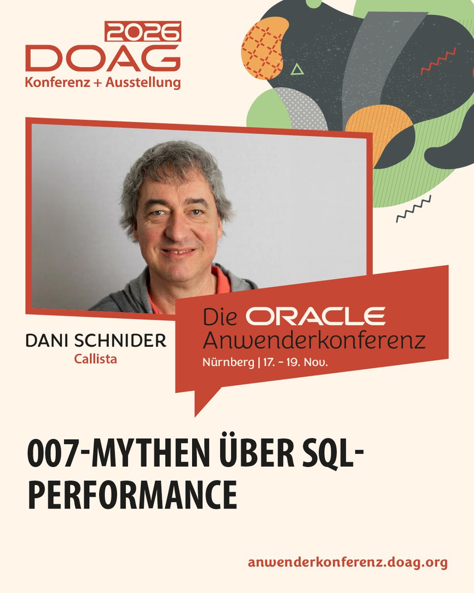 DOAGeV's tweet photo. ⚡Rund um SQL-Performance halten sich einige Mythen erstaunlich hartnäckig.
Dani Schnider nimmt auf der DOAG 2026 Konferenz + Ausstellung genau diese Mythen unter die Lupe.
🎯 007-Mythen über SQL-Performance
➡️ https://t.co/zzxgTmdJoR
#DOAG2026 #Oracle #SQLPerformance https://t.co/o41uZsuyiV