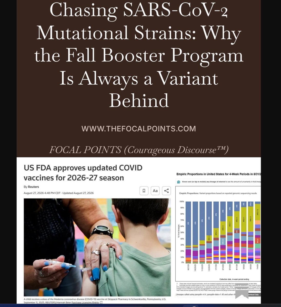 P_McCulloughMD's tweet photo. Chasing SARS-CoV-2 Mutational Strains: Why the Fall Booster Program Is Always a Variant Behind

The Virus Mutates and Infects Year-Round — But the FDA Is Still Stuck on a Poorly-Conceived Flu-Season Playbook  URL TheFocalPoints.  @McCulloughFund https://t.co/HJlNmgS1qC