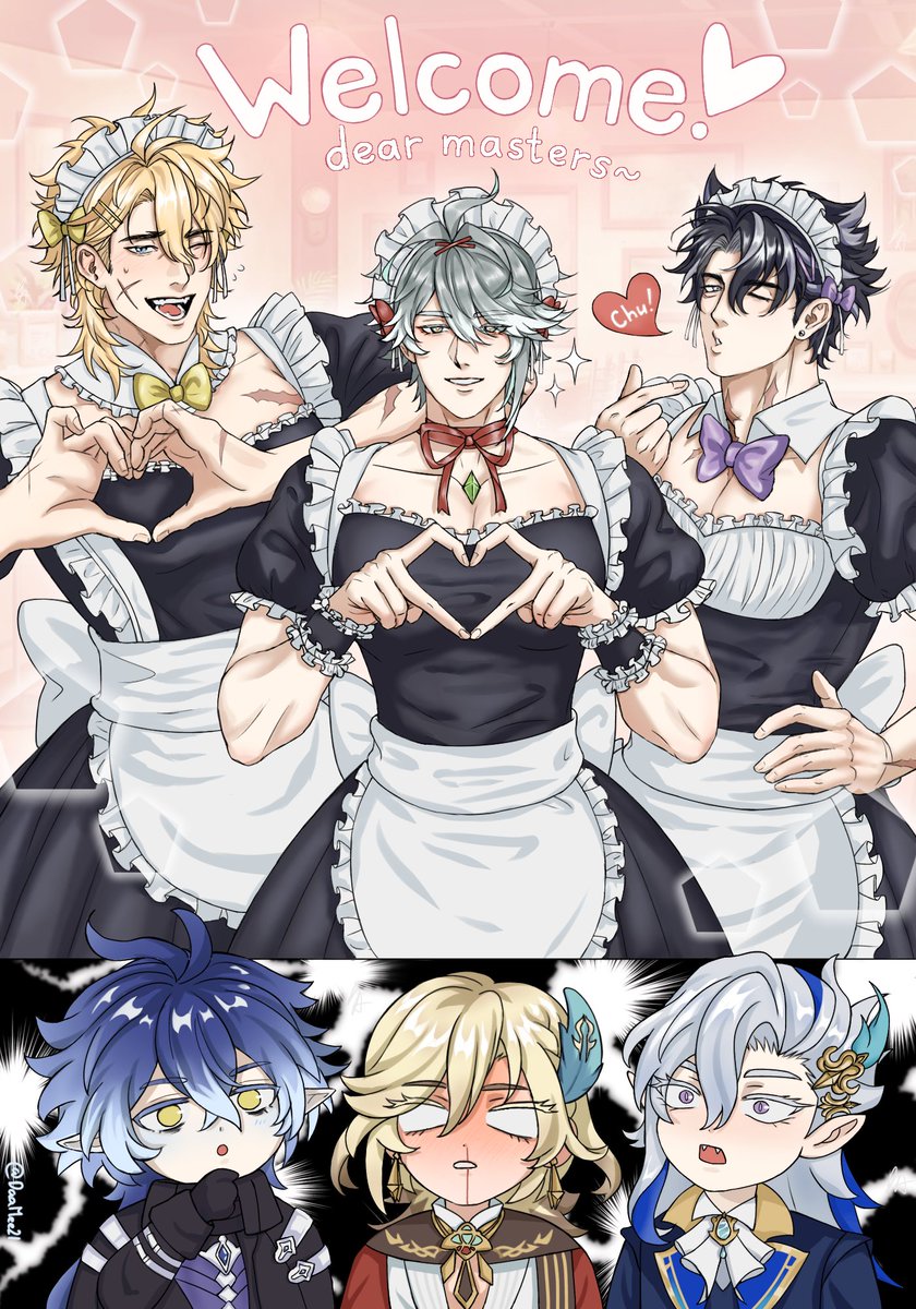 DaaMee21's tweet photo. We've worked hard, let's all go to maid cafe ☕️✨️

#flinsvar #kavetham #neuvithesley
#ンズルカ #カヴェアル #ヌヴィリオ

*No AI use
*Repost with credit https://t.co/003Eqt6toU