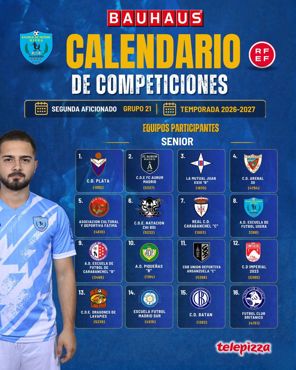 ef_usera's tweet photo. ¡Ya está aquí el Calendario de Competiciones para nuestra Escuela de Fútbol Usera en el Grupo 21 de Segunda Aficionado, Temporada 2026-2027! 🗓️⚽️

💪 Aquí están nuestros rivales. ¡A por todas, equipo! #Usera #FútbolUsera #Calendario #Temporada2627 https://t.co/y4OpSsJjBc