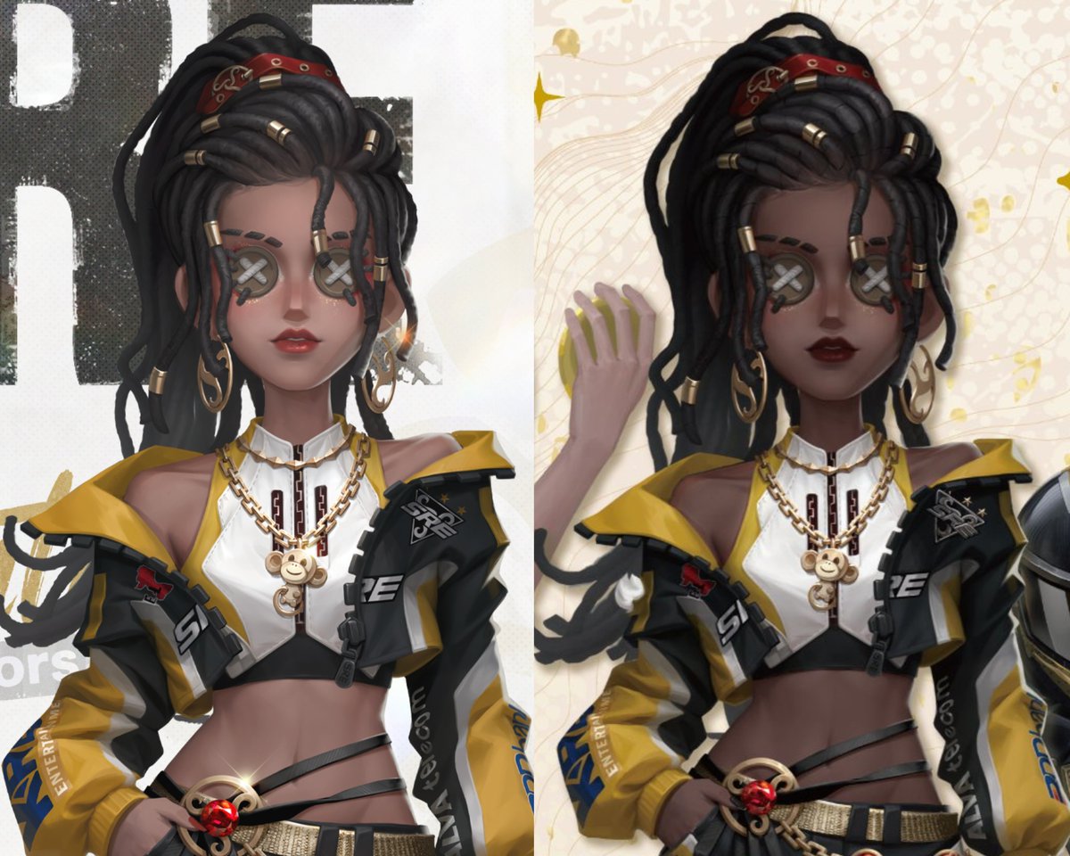 idvlogic's tweet photo. Enchantress's skin tone has been fixed in the new Esports merch, and she also has darker lipstick. Her hair has also been fixed, along with the other team members' hair, as it was previously depicted as human hair instead of yarn. https://t.co/jQZk7EqqCD