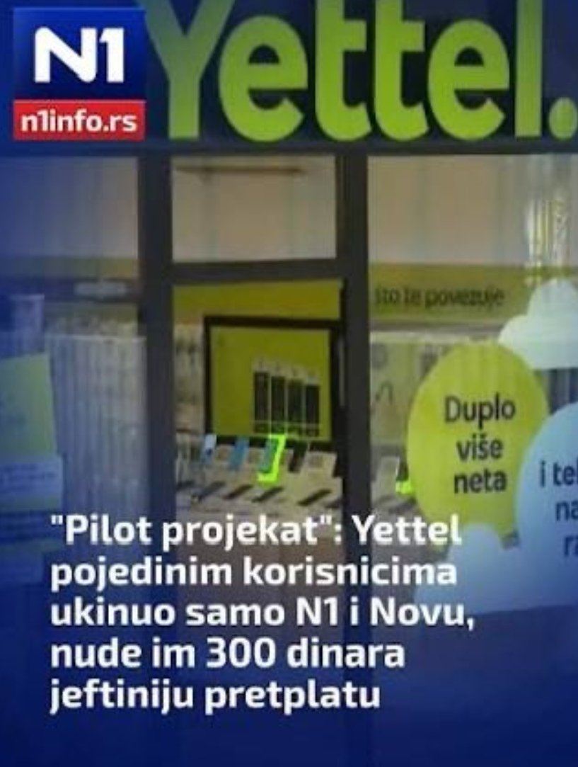 GoveGooo's tweet photo. Poštovani @YettelSrbija_tw da li mozete da uradite modularni pilot projekat, gde ćete izbaciti, npr. Informer, Blic, Kurir, K1, Tanjug... a da plaćamo 300 dinara manje? Ja bih npr. rado bio deo takvog pilot projekta. https://t.co/RSUzJ6adjl