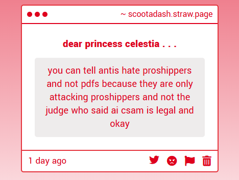 scootadessh's tweet photo. exactly ! ! ive been seeing them claiming proshippers are in support of the ruling . . like , what ? where did you ever get that from ? i swear to god , they don't really care about victims or the protection of anything , they care about who canget the most e-brownie points lol https://t.co/VbWcWxo04B