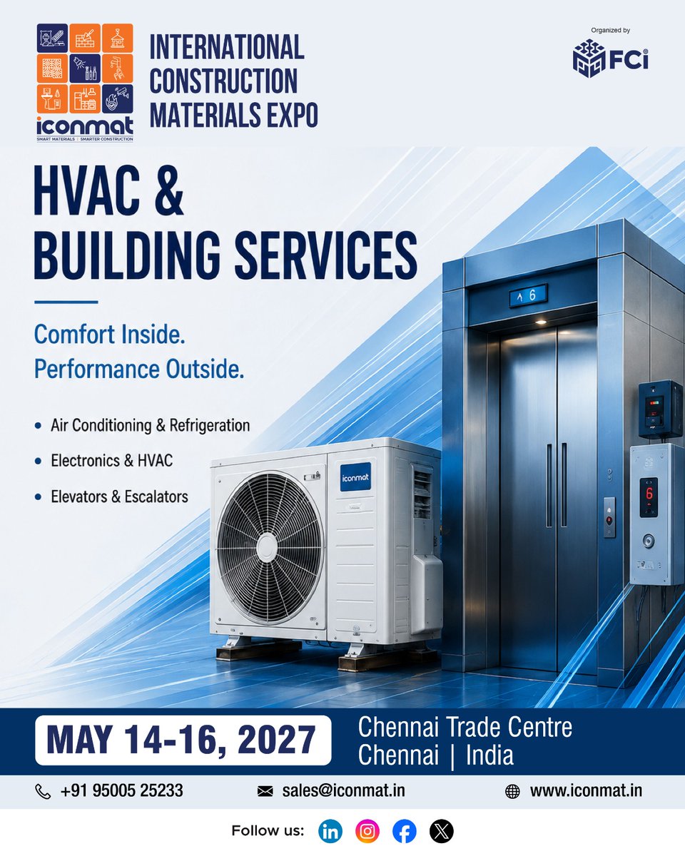 fair_connects's tweet photo. 🏢 @iconmat 2027 | Discover the future of HVAC &amp; Building Services!❄️Air Conditioning • Refrigeration • HVAC • Elevators • Escalators 
📅14–16 May 2027 📍Chennai Trade Centre
📞+91 95005 25233 🌐https://t.co/Kn8IL7NqHm #ICONMAT2027 #HVAC #B2BExpo #FCI #Construction #Chennai https://t.co/ImLYHCh5pT