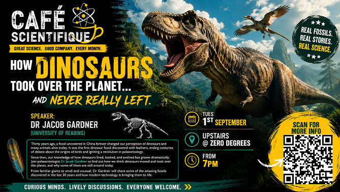 Science_Reading's tweet photo. Join us for the Reading Café Scientifique September event (Tues 1st Sept) upstairs @ZerodegreesBeer  (Reading) from 7pm. Come &amp; listen to Dr Jacob Gardner talk about ‘How Dinosaurs Took Over the Planet…and Never Really Left’. Everyone welcome! More info: https://t.co/TSFbqJqXLg https://t.co/m9MMmEi7Ub