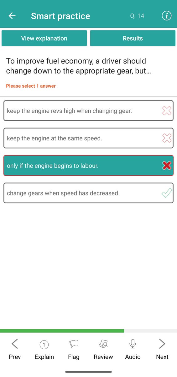 Clay__Steele's tweet photo. Hi @TheoryTestIE and @RSAIreland. Yes I know Irish and UK government orgs are designed to show a level of incompetence to frustrate the populace and give some kind of hope that we're not run by evil :)

But some of these questions...

The AIs take below: 

I'd give it about 30/100 for question quality.

I can see what they're trying to test: don't change down prematurely; stay in the higher gear while the vehicle can comfortably maintain speed, then change down as road speed falls.

But the wording is poor:

“change down to the appropriate gear” already implies you're choosing the correct gear at the correct time.

The word “but…” doesn't lead naturally into the supposed correct answer.

“change gears when speed has decreased” is vague — how much must speed decrease?

Your answer, “only if the engine begins to labour,” is quite plausible, because engine load is one of the real-world indicators that you need a lower gear.

A much better question would be:

> “To maximise fuel economy, when should a driver normally select a lower gear?”
Answer: When road speed has fallen sufficiently that the current gear is no longer suitable.

So yes: the underlying driving principle is reasonable; the actual question is badly constructed.