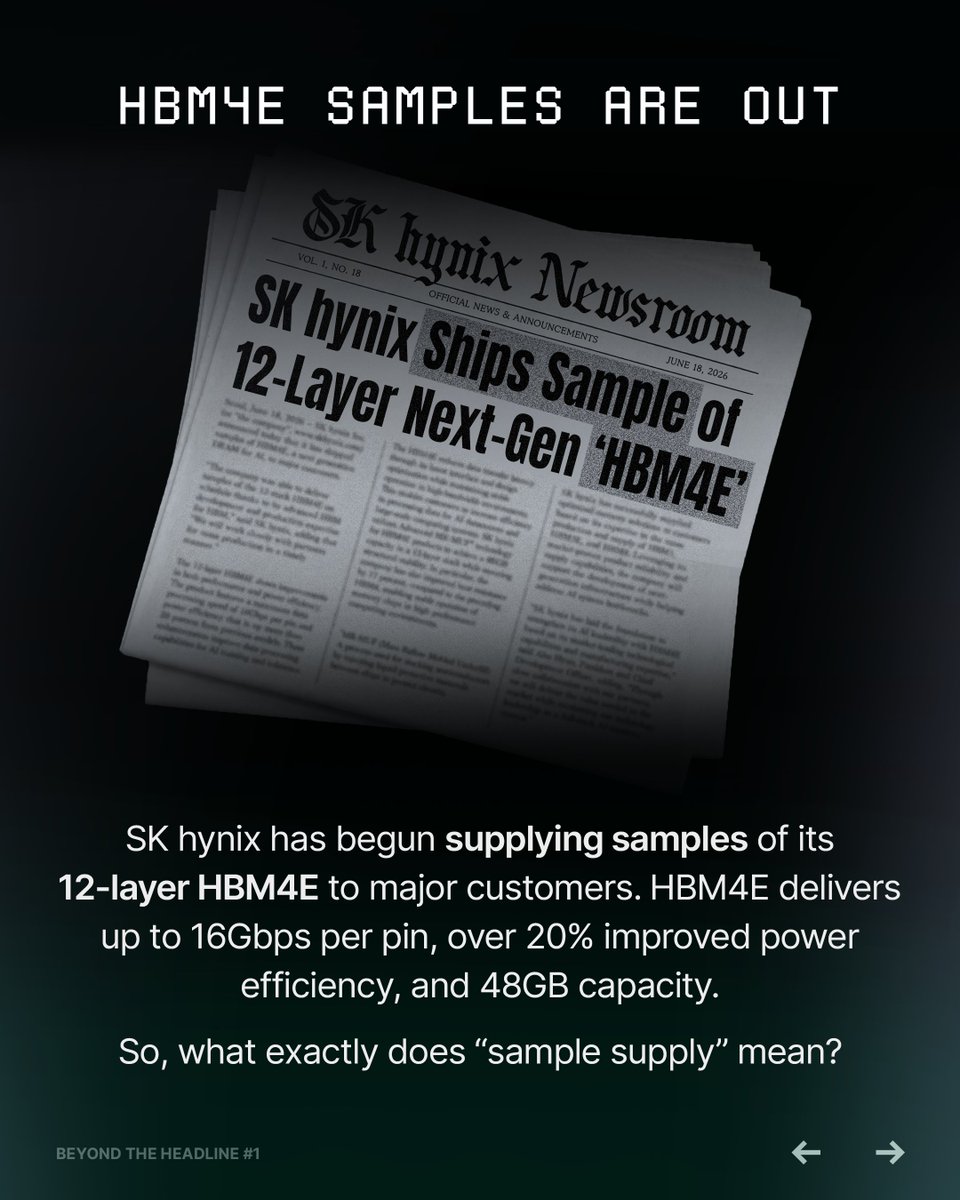 SKhynix's tweet photo. In June 2026, @SKhynix began supplying #HBM4E samples. But how big a milestone is “sample supply”?

It’s a key step where customers evaluate performance, reliability, power efficiency, and more.

See how @SKhynix is advancing HBM4E and driving the future of #AI memory.

#SKhynix https://t.co/2h2DXqH3Ee