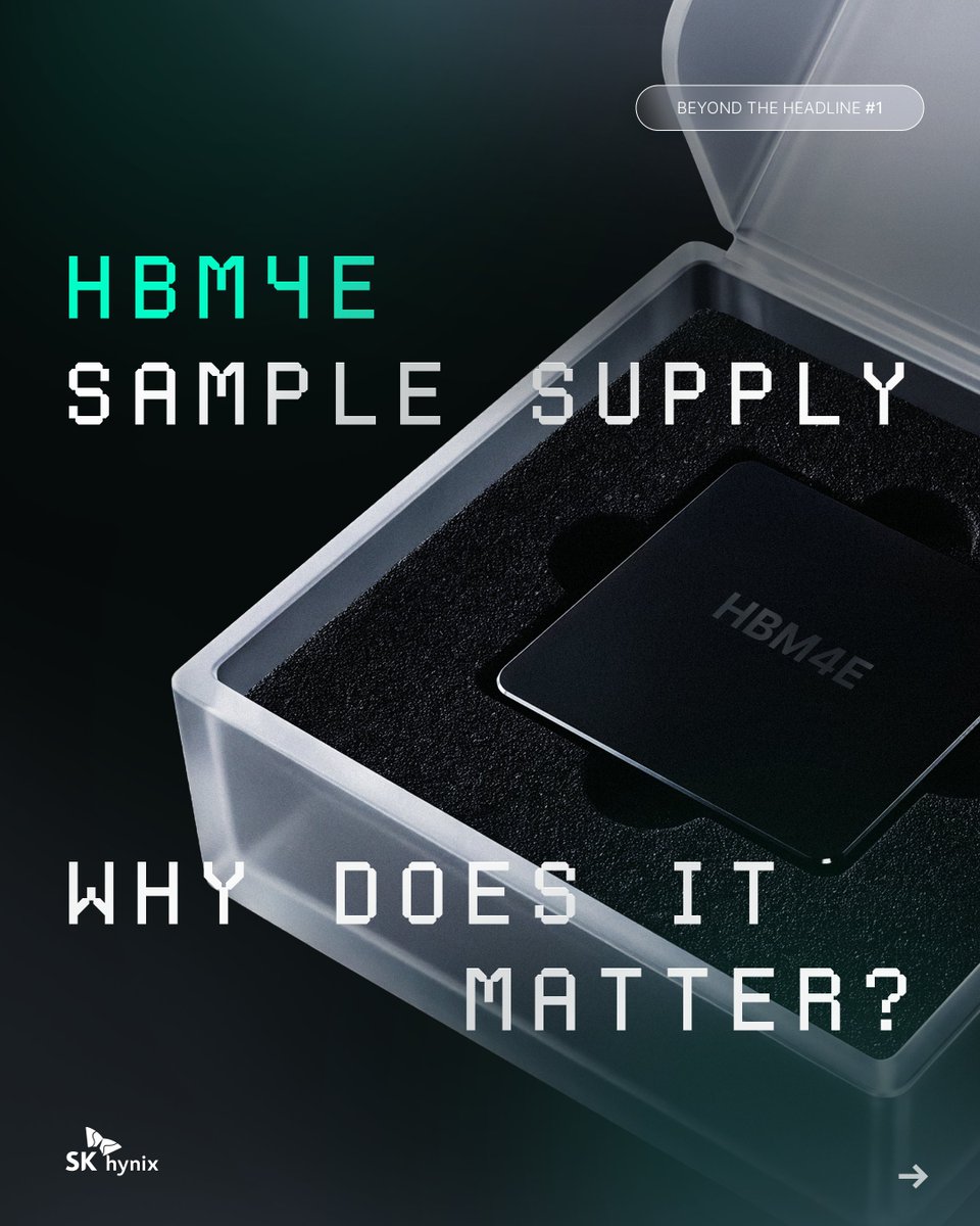 SKhynix's tweet photo. In June 2026, @SKhynix began supplying #HBM4E samples. But how big a milestone is “sample supply”?

It’s a key step where customers evaluate performance, reliability, power efficiency, and more.

See how @SKhynix is advancing HBM4E and driving the future of #AI memory.

#SKhynix https://t.co/2h2DXqH3Ee