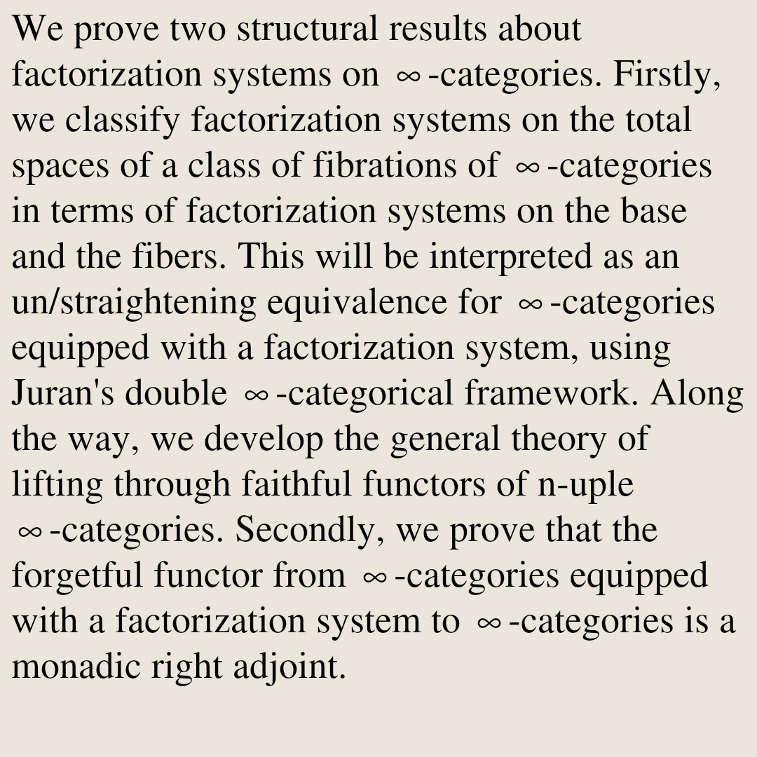 CategoryPapers's tweet photo. Factorization Systems on ∞-Categories: Un/Straightening and Monadicity

Thorger Geiß
https://t.co/jG1gtqaePg [𝚖𝚊𝚝𝚑.𝙲𝚃 𝚖𝚊𝚝𝚑.𝙰𝚃] https://t.co/EbhiFlEMn8