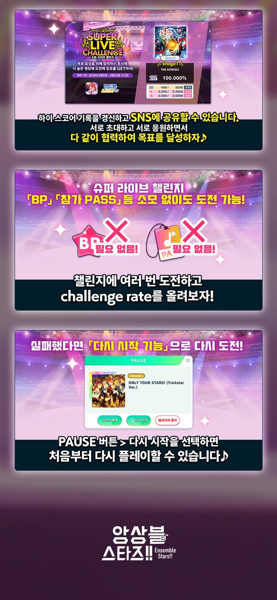 enstars2_KR's tweet photo. 「다 같이 SUPER LIVE CHALLENGE 슈퍼 라이브 챌린지」 이벤트 예고

다 같이 SUPER LIVE CHALLENGE 슈퍼 라이브 챌린지 곧 시작됩니다!
고난도 채보를 클리어하고 보너스를 획득하자!

개최 기간: 9월 5일 12:00 - 9월 20일 22:00

9월 5일 12:00 Stage 1 스타트
9월 6일 12:00 Stage 2 스타트
9월 7일 12:00 Stage 3 스타트

많이 즐겨주세요~