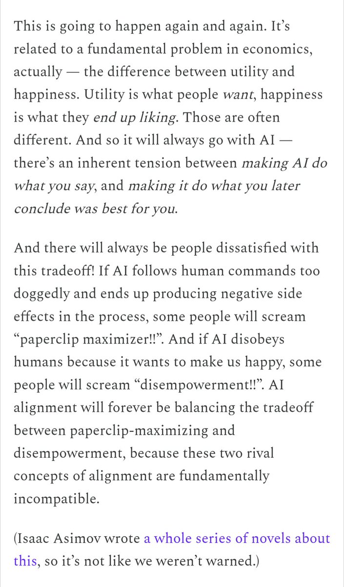 Noahpinion's tweet photo. The Hugging Face attack shows why the concept of "AI alignment" is fundamentally incoherent.

It's just the conflation of two distinct concepts. Alignment is impossible because you can't accomplish both things at once. https://t.co/5wJZSsdUyS