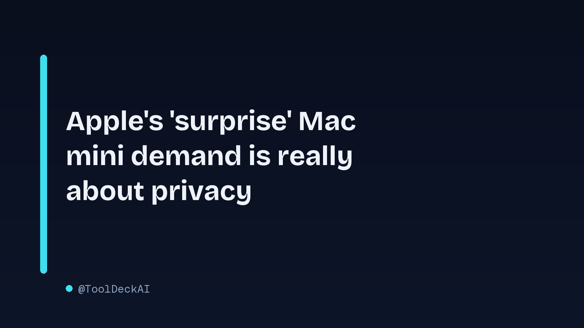 ToolDeckAI's tweet photo. Apple says they were 'caught off guard' by Mac mini AI demand, but the real story is privacy. Local AI means your data never leaves the device. That's the quiet reason enterprises are buying. Cloud subs are convenient, but local is the security play.
#AI #Apple #ToolDeckAI https://t.co/vCU0UV7FzH