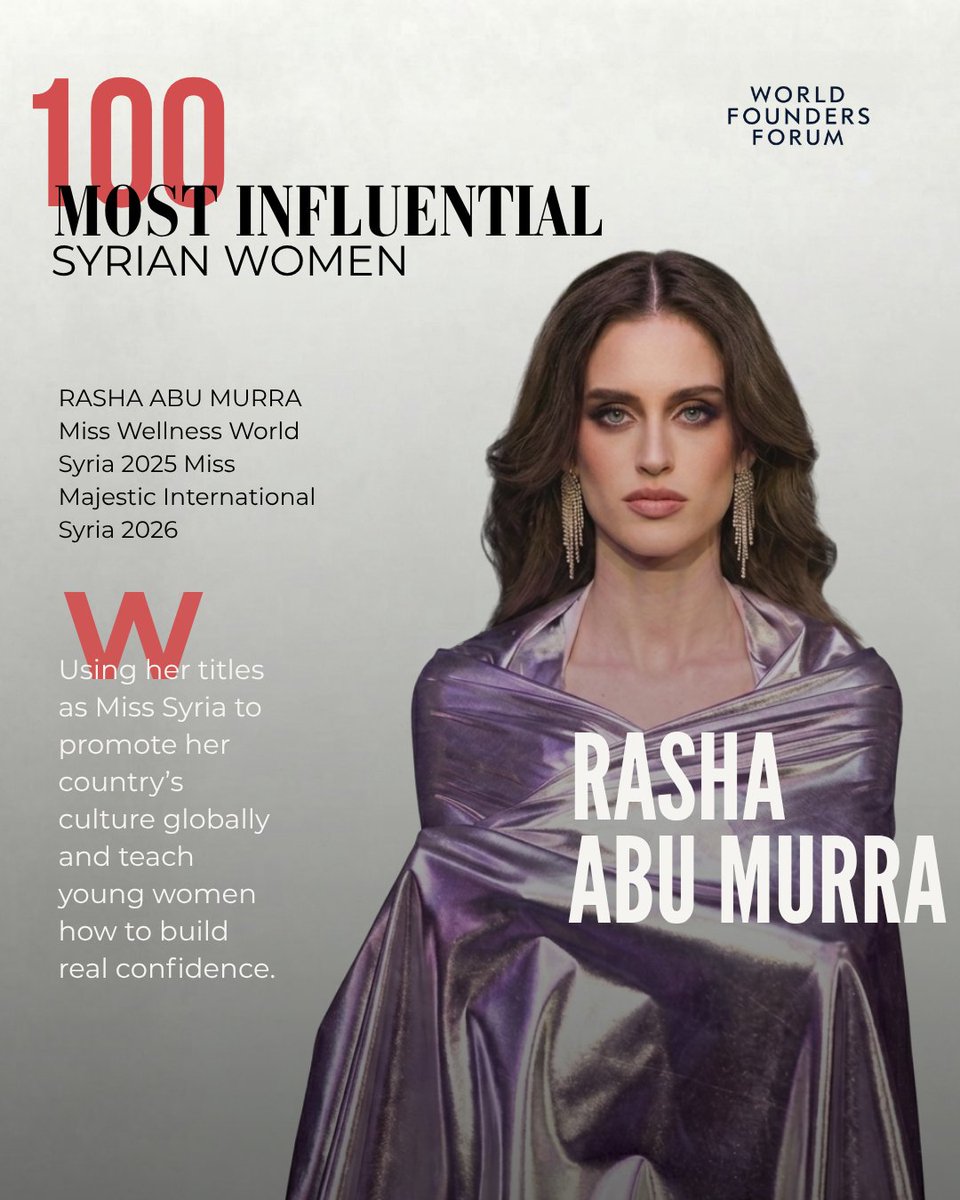 WorldFoundersF's tweet photo. Miss Wellness World Syria 2025.
Miss Majestic International Syria 2026.
Rasha Abu Murra is representing Syria on the world stage — proving that confidence, elegance, and authenticity are the most powerful crowns of all.
DM us to get featured. https://t.co/ck34IixRjK