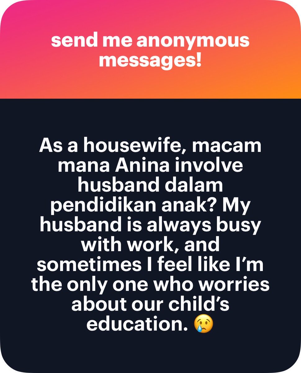 anina_faris's tweet photo. Penglibatan suami tak bermaksud suami perlu buat semua benda sama banyak dengan kita. 

Duduk dan berbincanglah. Kadang bukan suami tak kisah, tapi sebab dia sibuk kerja, dia tak sempat nak ambil tahu semua perkara. 

Saya dengan suami dah bincang benda ni sejak taaruf lagi. Saya nak jadi suri rumah supaya saya boleh fokus 100% pada anak. 

Jadi, tugas mencari ilmu tentang anak jatuh bawah tanggungjawab saya. Kemudian saya akan kongsikannya dengan suami apa yang saya belajar. 

Saya akan update apa yang berlaku sepanjang ketiadaan suami. Dari anak bangun, makan apa, tidur, aktiviti apa yang dia buat, ada perkembangan baru ke tak, perangai dia hari tu macam mana, dll. 

Masa itulah sebenarnya suami dapat tahu apa yang berlaku dalam kehidupan anak walaupun dia tak berada di rumah.

Bila suami ada, dia akan ambil alih melayan anak. Dengan bermain, mandikan, tidurkan anak. Ini semua sebahagian daripada pendidikan.

Paling penting, apa saja yang kita rasa, luahkan pada suami. Supaya sama-sama boleh perbaiki. Jangan pendam sendiri sampai akhirnya kita rasa macam kita seorang je yang bertanggungjawab terhadap anak.