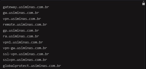 _AkatsukiLegion's tweet photo. VPN #reconnaissance at scale. dns_candidates.txt enumerates gateway, vpn, ssl-vpn, and globalprotect subdomains for #Vale, #Petrobras, #Usiminas, #Bayer, #Shell, #Bunge. They're mapping entry points into #Brazil's industrial base. https://t.co/uSakfkJKYU
