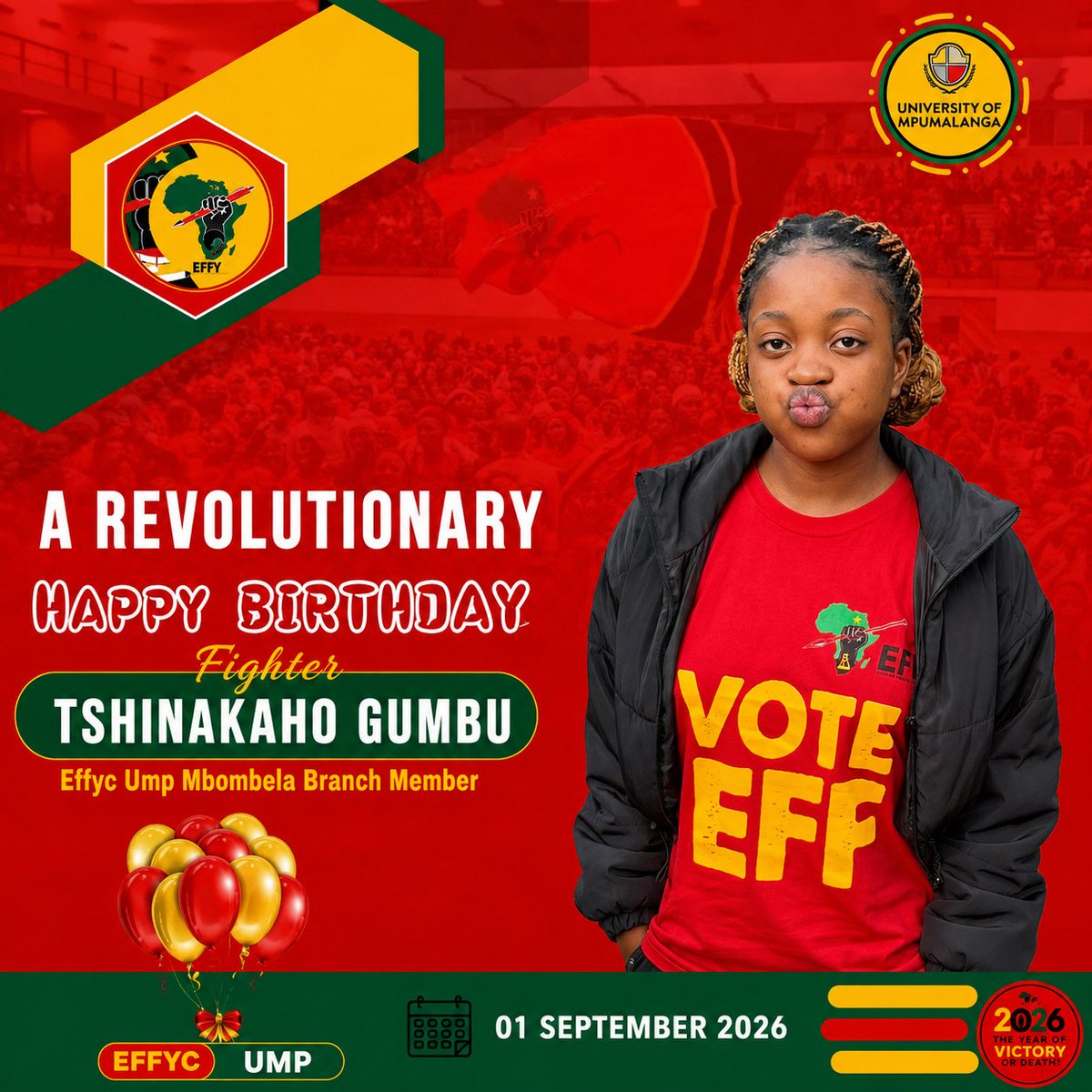 EffscUMP's tweet photo. ♦️HAPPY BIRTHDAY FIGHTER♦️

Happy Birthday to Fighter Tshinakaho Gumbu of EFFYC UMP Mbombela!  
Long live to experience economic freedom in our lifetime. Your contribution to the revolution is valued. ❤️💚🖤  
#Happybirthdayfighter #Effyc https://t.co/r92Ozlxdxs