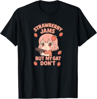 LimitBreakMerch's tweet photo. Strawberry jams. Her gat doesn’t. A kawaii chibi tee with a sharp little punchline. 🍓

https://t.co/GjaDDHY061

#Kawaii #AnimeStyle #GraphicTee https://t.co/F5HUaMeifI