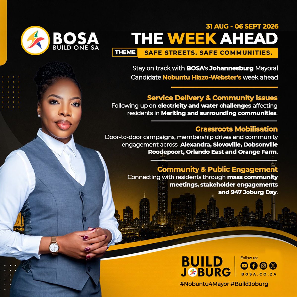 BuildOneSA's tweet photo. Safe streets, safe communities, and active engagement are the focus of BOSA Joburg Mayoral candidate Nobuntu Hlazo-Webster's schedule this week.
#BuildJoburg #Nobuntu4Mayor https://t.co/v5miaBjncA