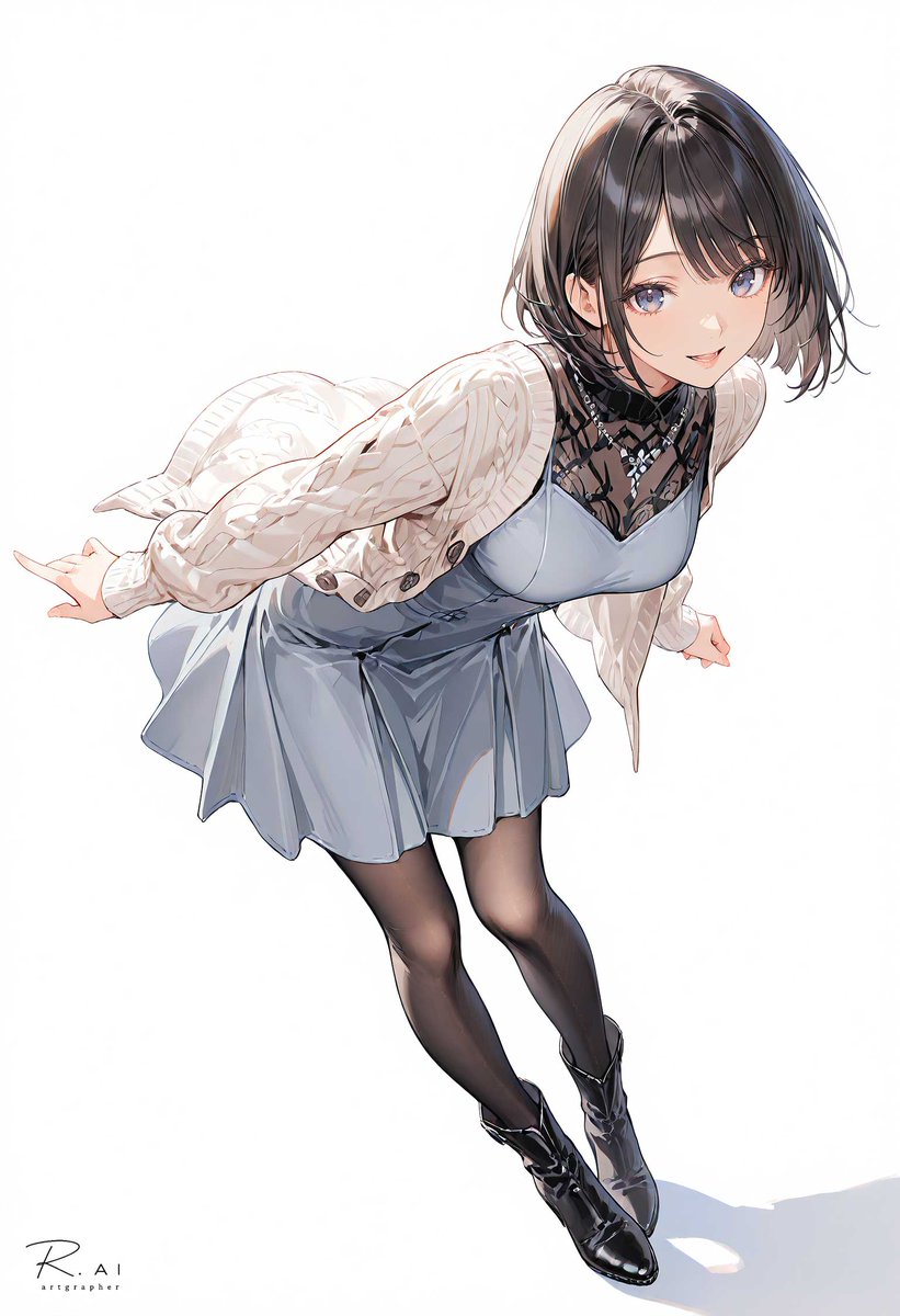 REd8358's tweet photo. 【ナギ - 身をかがめた瞬間、カーディガンの袖とスカートの裾がふわりと広がる。軽い動きが白い余白によく映える】 https://t.co/mmCRnuTI40
