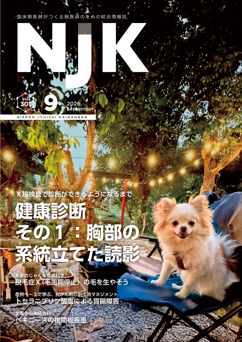 NJKVETS's tweet photo. 最新号2026年9月号（9/1発行）内容続き
「FIPと診断した症例を外来管理としてよいか」佐瀬興洋先生
「大きな音に驚いてから飼い主の足を攻撃するようになったミヌエット」石井香絵先生
#獣医師 #獣医療 #動物医療
https://t.co/vRO0fZQS1t https://t.co/mvYNDE4QSW