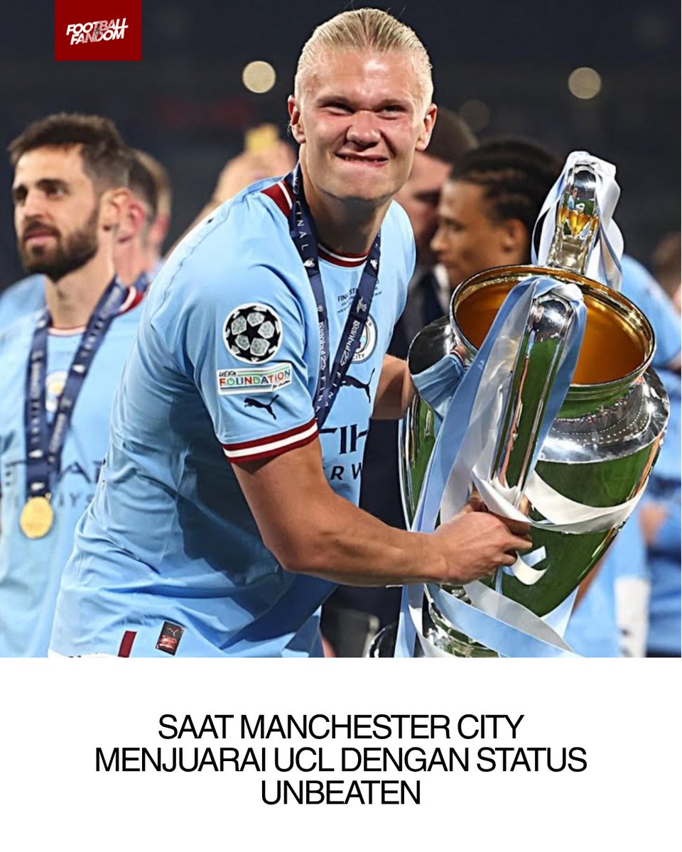 Fandom_ID's tweet photo. Musim 2022/23 tak hanya ditutup Man City dengan gelar UCL perdana, tapi juga catatan unbeaten luar biasa sepanjang kompetisi

Pasukan Pep Guardiola tampil dominan tanpa tersentuh satu pun kekalahan, mulai dari melibas Bayern Munich hingga menghancurkan Real Madrid 4-0 di Etihad

Kemenangan 1-0 atas Inter Milan di final Istanbul menyempurnakan Treble, menegaskan superioritas taktis Pep di level tertinggi

Selain Manchester City, siapa lagi tim yang pernah menjuarai UCL dengan status unbeaten?