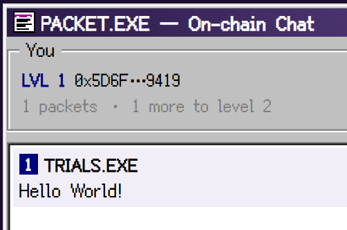 trialsexe's tweet photo. Introducing PACKET, the onchain chat of TRIALWARE.

Most "onchain" chat isn't. Text sits on a server, the chain sees nothing. Here, every message you send is minted to you as a packet. A real onchain NFT with a sequence number, a sender, a length, and your payload. Logged off the wire, forever.

You don't post a chat bubble. You capture the thing you said.

Every packet is soulbound. It mints to you and never leaves. It can't be sold or transferred, because your words are yours. Nothing here can be deleted either, by anyone, including us.

Open PACKET.EXE on the site, hold a TRIALWARE, and say something worth keeping.
https://t.co/E3H4oRIuEs