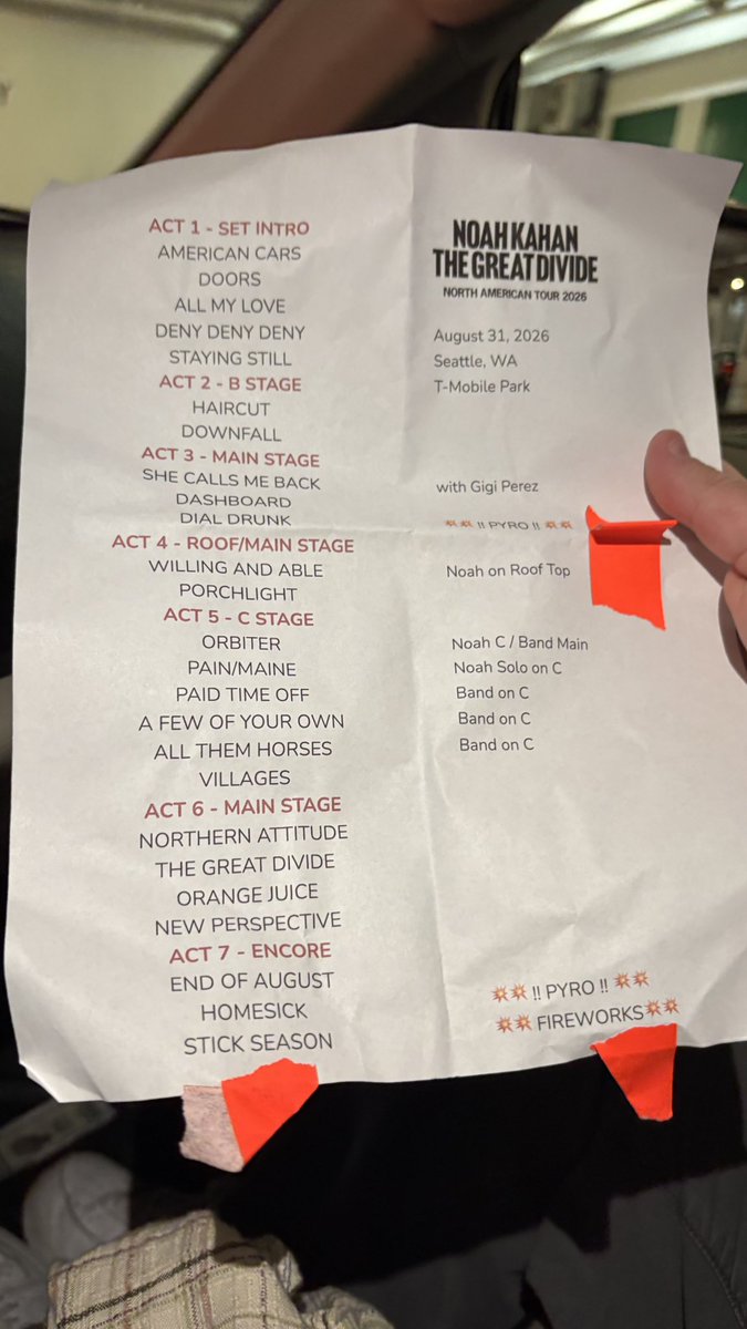 pnksl's tweet photo. Last set list of the North American leg of the tour!! #noahkahan #greatdivide #seattlenight2 @KahanArchive https://t.co/DI0YNPXphV