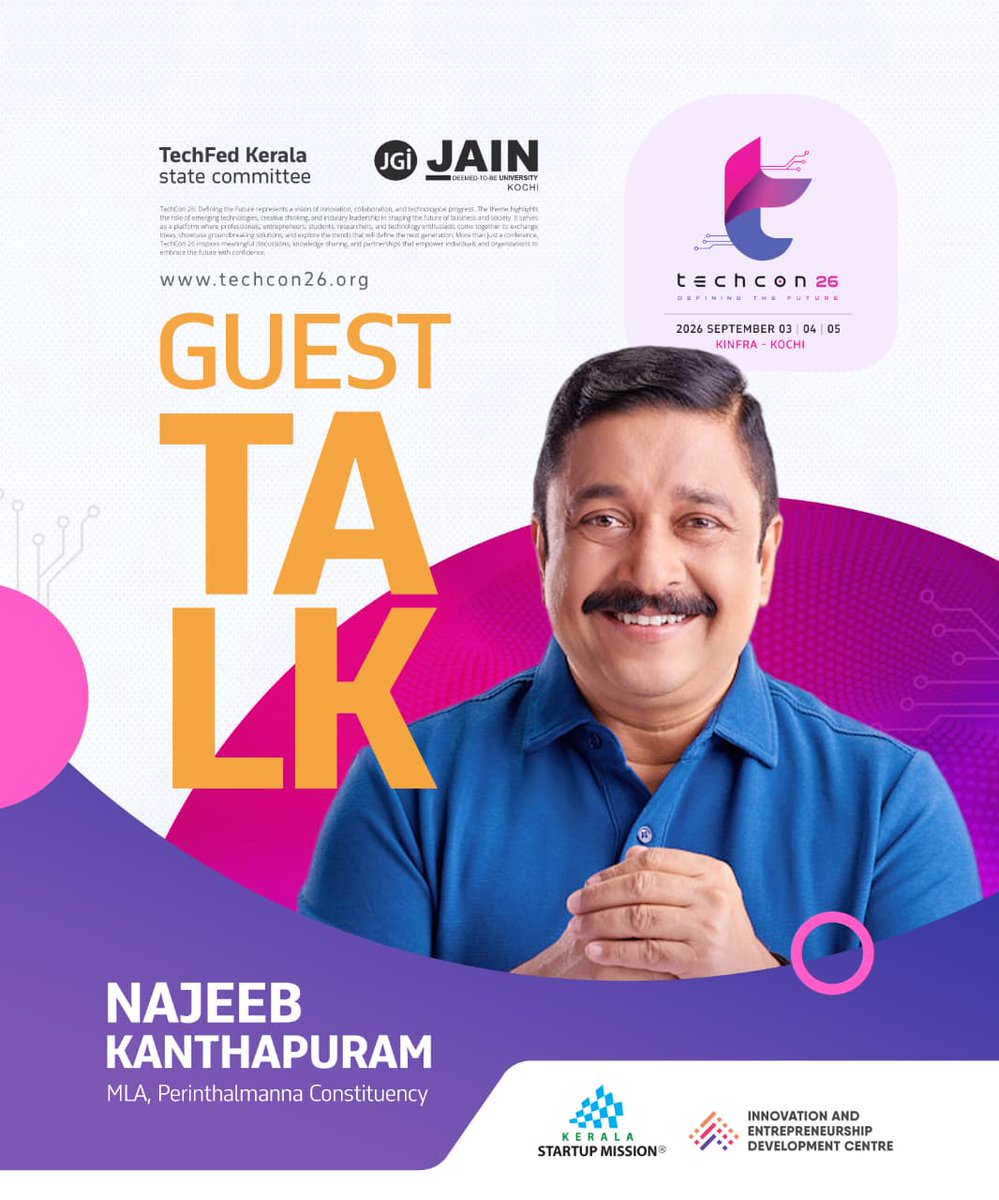 RevoRacers's tweet photo. π REVOLUTION GAMES Γ TECHCON β26
Honoured to welcome Najeeb Kanthapuram, MLA, as a distinguished guest at TECHCON β26!
π‘ Innovation β’ Technology β’ Ideas
π
03 Sept | π KINFRA, Kochi
π https://t.co/MArw0qDTdK
#TECHCON26 #NajeebKanthapuram #Innovation #DefiningTheFuture https://t.co/y0g6aUagTp