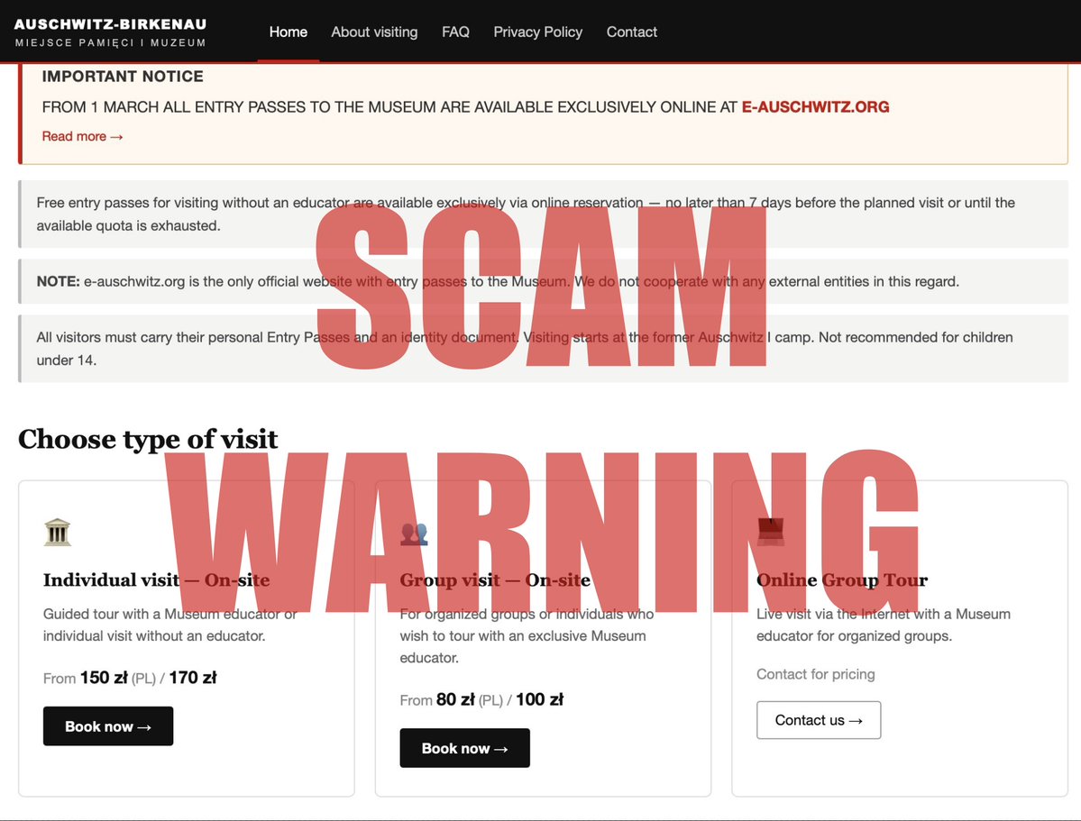 AuschwitzMuseum's tweet photo. ⚠️ Warning: scam website impersonating the Auschwitz Memorial booking system.

We warn all visitors who plan a visit to the Memorial NOT TO USE the website e-auschwitz[.]org.

The page falsely presents itself as a Museum-related booking platform. Do not make any reservations there & do not provide any of your personal or financial data there.

We have reported this website to the relevant organizations & @Google. 

The only official website for booking entry cards to the Auschwitz Memorial is:

https://t.co/8nmsz2SDEv