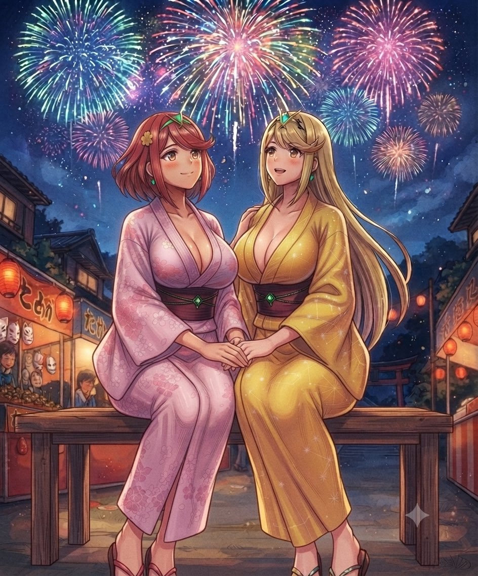 pami0358's tweet photo. ゼノブレイド2
ホムラ/Pyra 
ヒカリ/Mythra

真夏の思い出🎆

ファンアート/SFW illustration,

#XenobladeChronicle2
#AIイラスト #NintendoSwitch2 https://t.co/4ERKQsBQ8Z