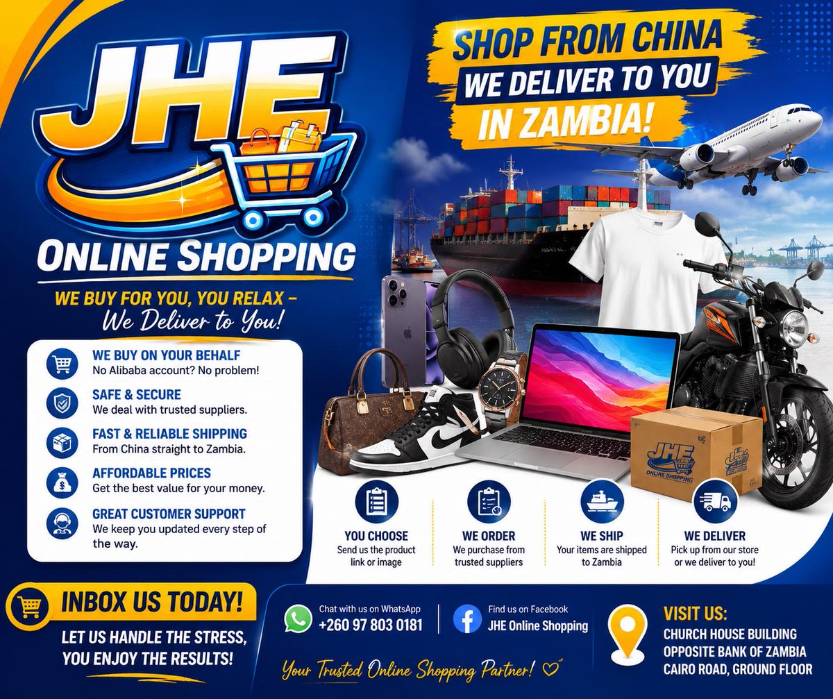 CrystalSaglzi's tweet photo. Shop from China with JHE Online Shopping, your trusted shopping and delivery partner in Zambia. Send us a product link or photo, receive a quote, pay, and we’ll handle ordering and shipping. Collect or get it delivered. Free quotes available. https://t.co/4yAyrd4Zrl